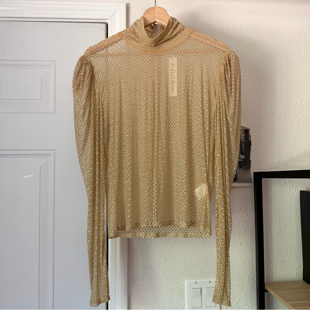 NWT FOR LOVE & LEMONS tan sheer mesh knit rhinestone turtleneck cropped top